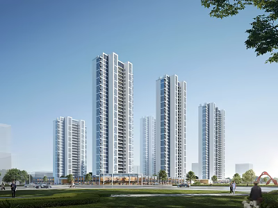 Modern High Rise Residential Building Exterior With Green Lawn Trees And Blue Sky 3d model