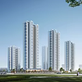 Modern High Rise Residential Building Exterior With Green Lawn Trees And Blue Sky