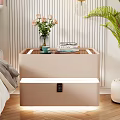 Modern Beige Bedside Table With LED Lights Storage Drawer Vase Pink Flowers Book Phone