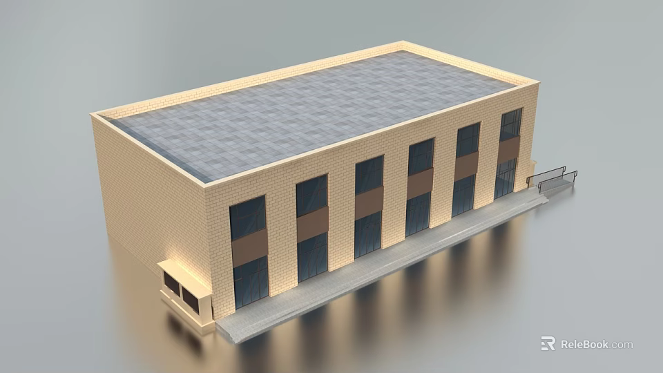 Modern Commercial Complex With Flat Roof Beige Exterior Dark Glass Windows And Ground Floor Entrance 3d model 