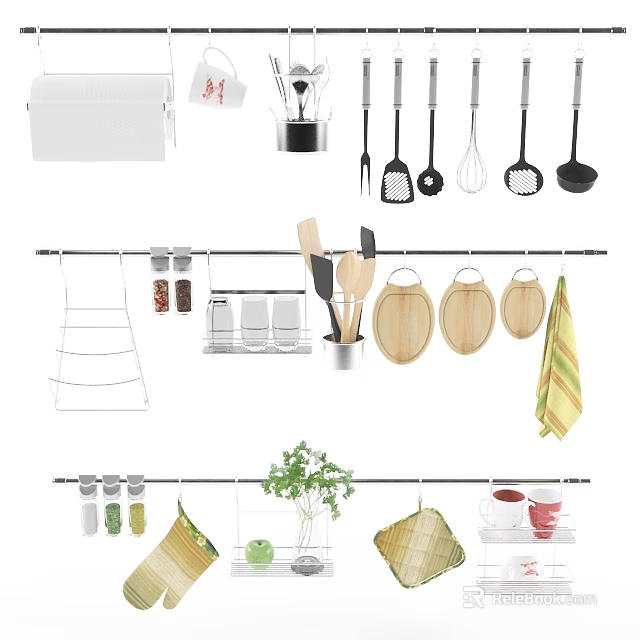 Hanging Kitchen Utensils With Drying Rack Cups Towel And Herb Plant 3d model