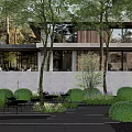 Modern Courtyard Garden With Trees White Walls Outdoor Chairs Trimmed Shrubs And Stone Tile Flooring