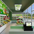 Bright Green Themed Fruit Store With Fresh Watermelons Apples Bananas And Display Shelves