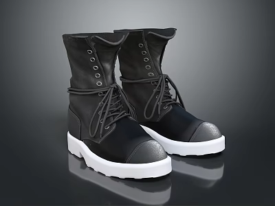 Stylish Black Leather High Top Boots With White Soles And Lace Up Design 3d model