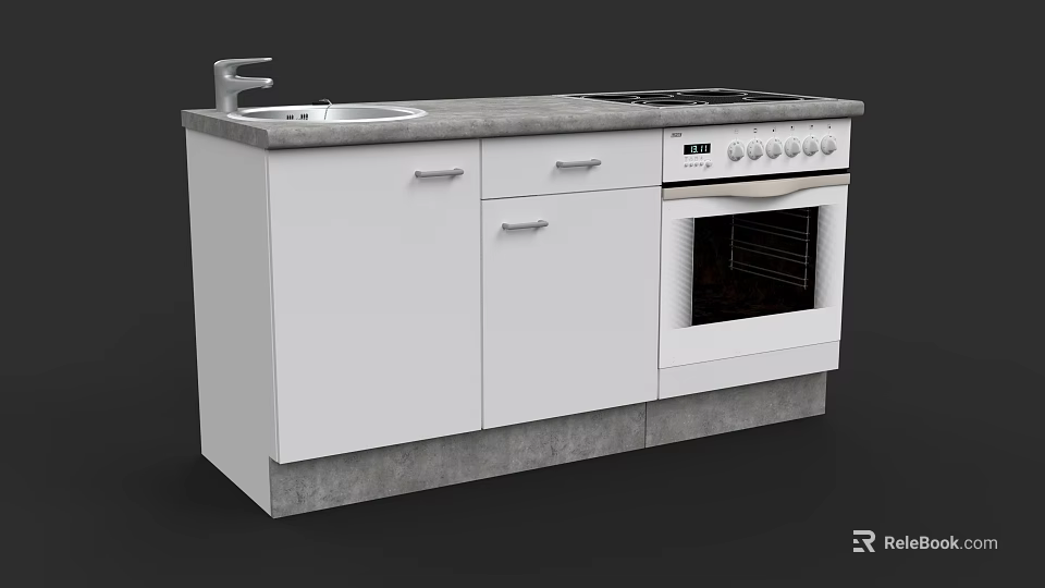 Practical White Kitchen Cabinet Set With Countertop Sink Cooktop And Oven 3d model 