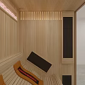 Modern Sauna Room With Wooden Structure Glass Door And Red Seats Interior