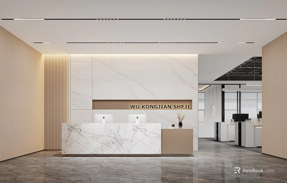 Modern Front Desk Reception Area With Marble Counter Logo Sign And Minimalist Design 3d model 