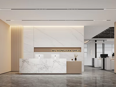 Modern Front Desk Reception Area With Marble Counter Logo Sign And Minimalist Design 3d model
