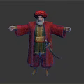 Man With Red Turban Red Robe White Beard And Gold Belt On Gray Background
