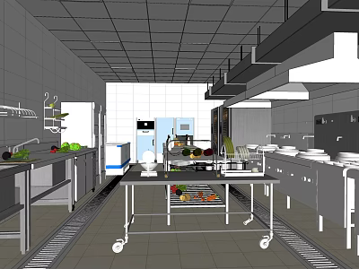 Functional Commercial Kitchen With Worktable Fresh Ingredients Cabinets And Ventilation System 3d model
