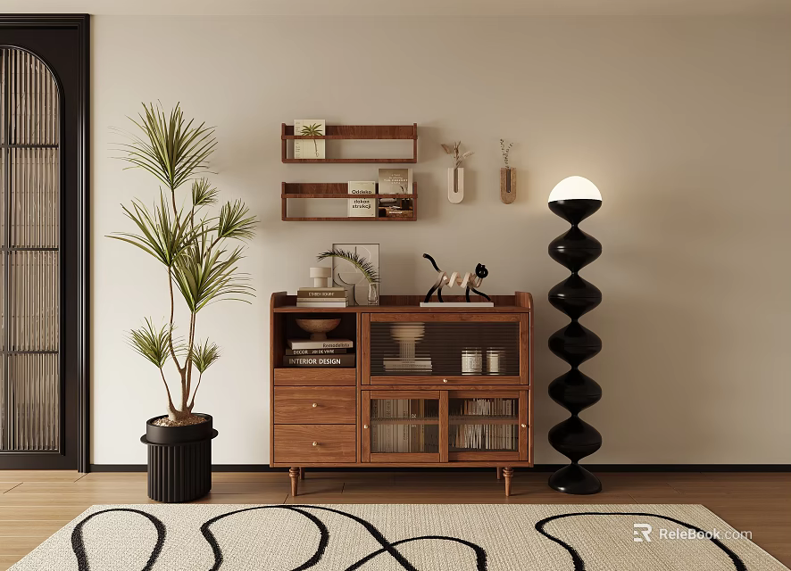 Wooden Storage Cabinet In Modern Interior With Black Spiral Floor Lamp Green Plant And Rug 3d model 
