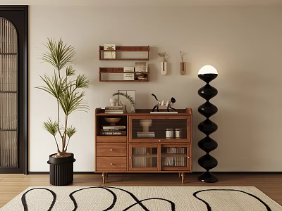 Wooden Storage Cabinet In Modern Interior With Black Spiral Floor Lamp Green Plant And Rug 3d model