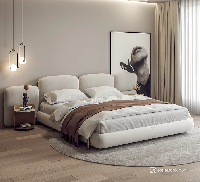 Modern Double Bed Bedroom Interior With Upholstered Headboard Artwork Pendant Lights And Wooden Floor 3d model 