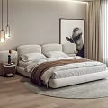Modern Double Bed Bedroom Interior With Upholstered Headboard Artwork Pendant Lights And Wooden Floor