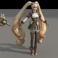 Game Movie Character With Blonde Twin Ponytails Brown White Outfit Short Skirt Mechanical Weapon Accessory