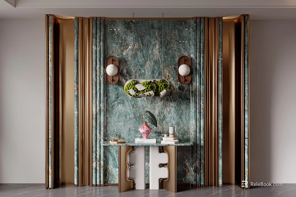 Luxurious Foyer Entryway With Green Marble Wall Gold Accents Wall Sconces And Console Table 3d model 