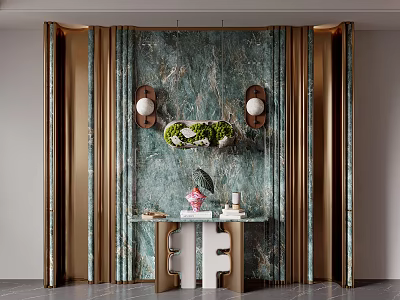 Luxurious Foyer Entryway With Green Marble Wall Gold Accents Wall Sconces And Console Table 3d model