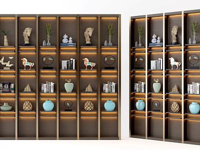 Modern Multi Compartment Bookcase with Books Sculptures Green Plants and Decorative Vases 3d model