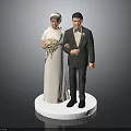 Newlywed Couple Standing In Wedding Gown And Suit With Bouquet On White Circular Base