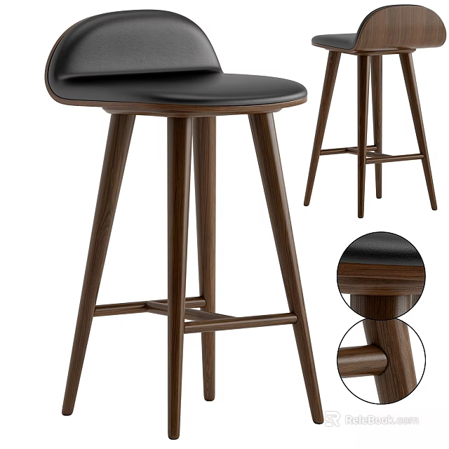 Elegant Modern Bar Stool With Black Leather Seat Wooden Legs And Sturdy Design 3d model 