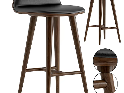 Elegant Modern Bar Stool With Black Leather Seat Wooden Legs And Sturdy Design 3d model