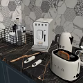 Modern Kitchen Interior With SMEG Coffee Machine Toaster Whisks Marble Counter And Hexagonal Tiles