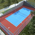 Outdoor Fitness Sports Court Blue Surface Wall With Health Management Text Heartbeat Line And Trees