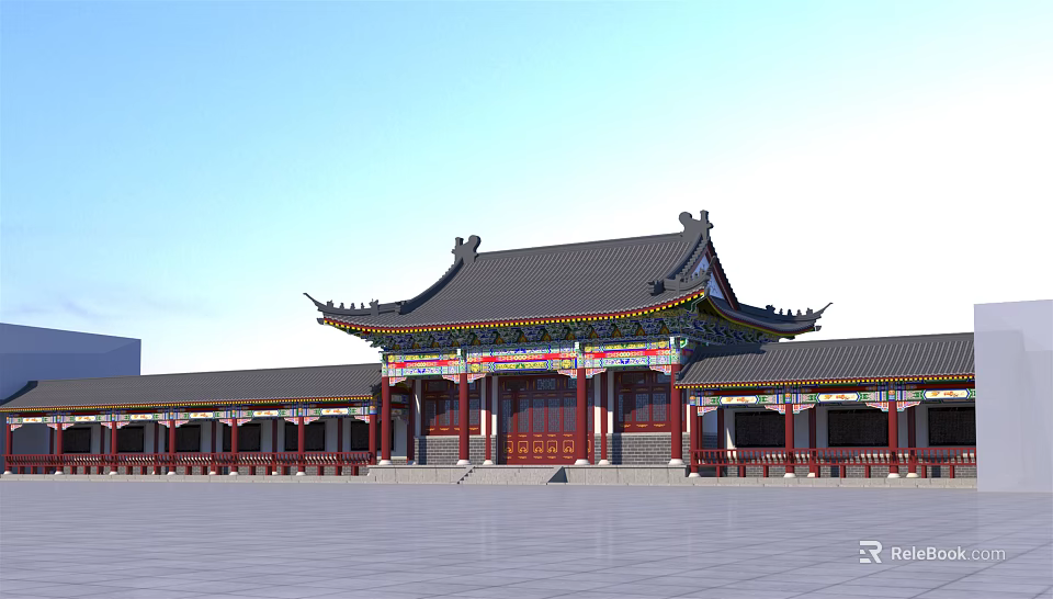 Ancient Chinese Architecture With Traditional Roof Overhanging Eaves Red Pillars And Spacious Square 3d model 