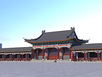 Ancient Chinese Architecture With Traditional Roof Overhanging Eaves Red Pillars And Spacious Square 3d model
