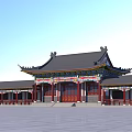 Ancient Chinese Architecture With Traditional Roof Overhanging Eaves Red Pillars And Spacious Square