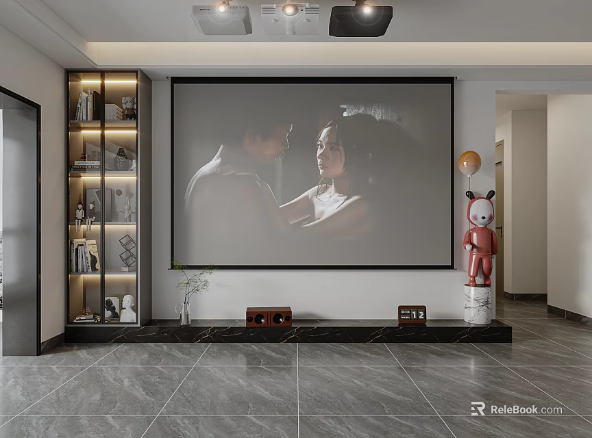 Modern Living Room With Ceiling Mounted Projectors And Large Projection Screen For Surveillance Monitoring 3d model 