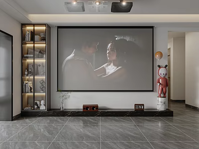 Modern Living Room With Ceiling Mounted Projectors And Large Projection Screen For Surveillance Monitoring 3d model