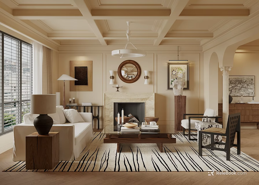 Elegant Living Room Interior Design With Coffered Ceiling Fireplace Sofa Coffee Table And Striped Rug 3d model 