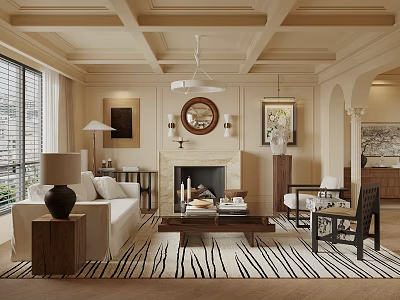 Elegant Living Room Interior Design With Coffered Ceiling Fireplace Sofa Coffee Table And Striped Rug 3d model