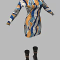 Colorful Pattern Long Sleeve Dress Paired With Black High Heel Boots