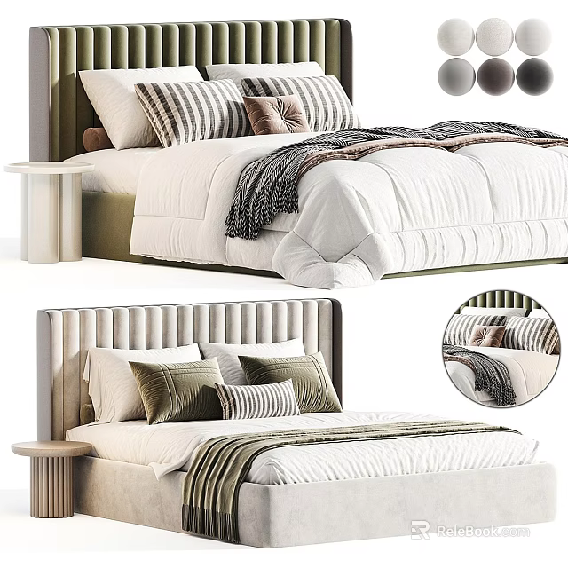 Modern Double Bed with Upholstered Headboard White Sheets Colored Pillows Striped Blanket and Bedside Table 3d model