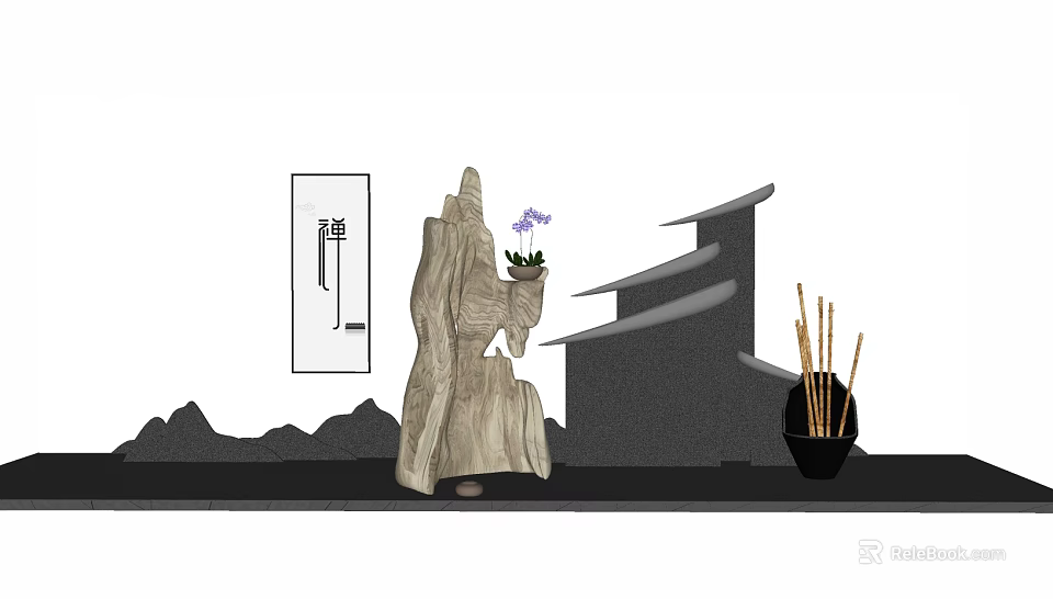Elegant Garden Ornament Featuring Rockery Potted Plant Bamboo and Distant Mountains 3d model 