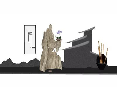 Elegant Garden Ornament Featuring Rockery Potted Plant Bamboo and Distant Mountains 3d model