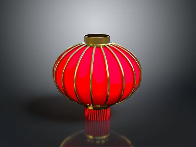 Traditional Red Chinese Lantern with Golden Frame and Ribbed Structure 3d model