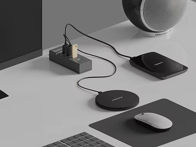 Modern Computer Desktop Setup with Charger Wireless Charger Mouse Keyboard and Speaker 3d model