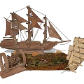 Wooden Sailing Ship Model Decorative Ornament Set Including Various Components For Decoration 3d model