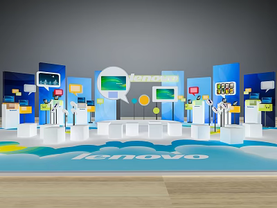 Lenovo Exhibition Booth With Modern Design Multiple Display Screens And White Podiums 3d model