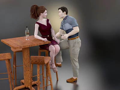 Modern Double Dating Drinking Couple Friends Bar Party 3d model
