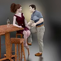 Two People Interact At Bar Counter With Stools And Bottle 3d model