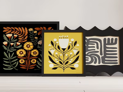 Decorative Framed Artworks with Floral Geometric Designs and Hello Typography 3d model
