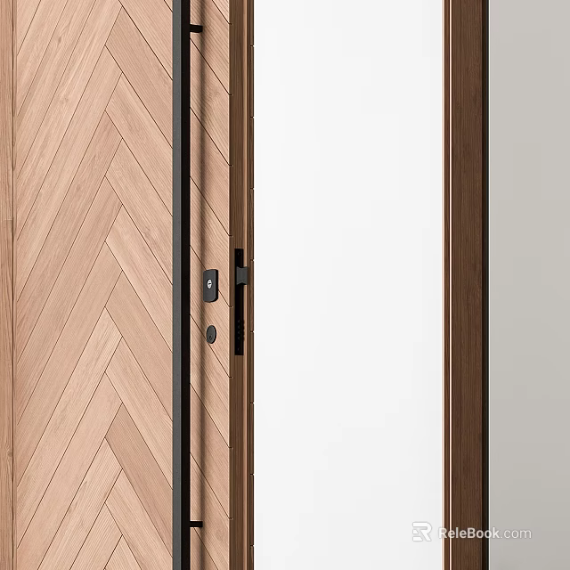Modern Interior Hinged Door With Herringbone Wooden Panel And Glass Insert Design 3d model