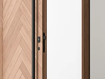 Modern Interior Hinged Door With Herringbone Wooden Panel And Glass Insert Design 3d model