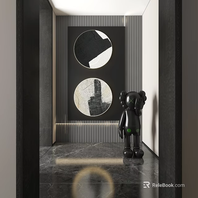 Abstract Paintings In Contemporary Interior With Sculpture And Marble Floor 3d model 