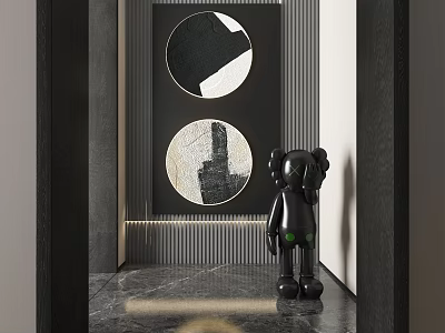 Abstract Paintings In Contemporary Interior With Sculpture And Marble Floor 3d model