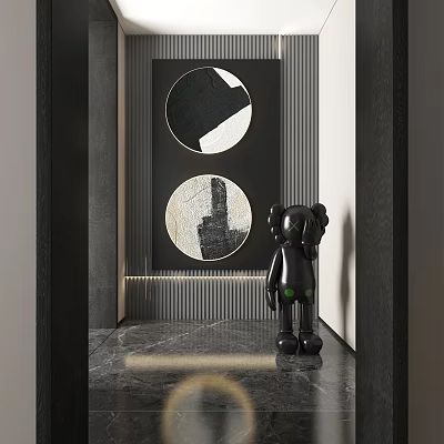 Abstract Paintings In Contemporary Interior With Sculpture And Marble Floor 3d model